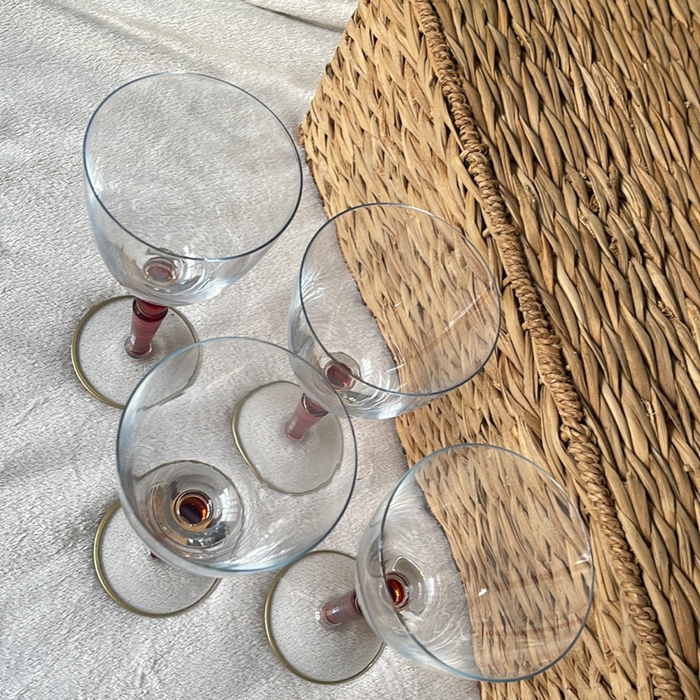 Pier 1 Imports Orbit Spice 16 Oz Red Gold Trim Stemware Glasses 4 HandPainted - Picture 5 of 10